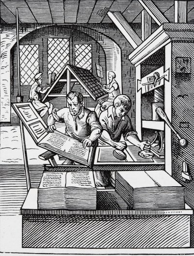 Interior of a 16th century printing house, after an engraving by Jost Amman by English School